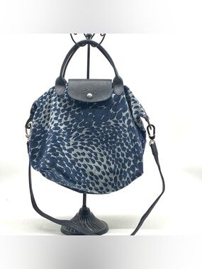 Longchamp Rare 2 Way Velvet Le Pliage Blue Top Handle Crossbody Shoulder Bag M